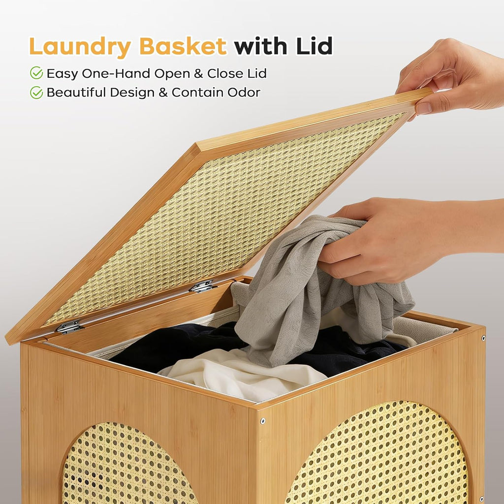 Bamboo Laundry Hamper with Lid, 16.9" x 13.4" x 26.8" Wooden Clothes Basket with Removable Liner Bag, Space-Saving