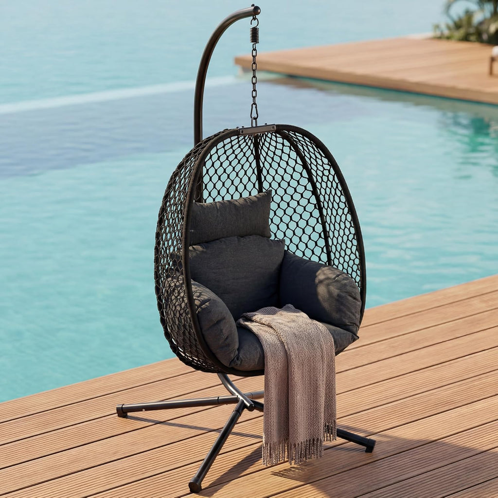 Egg Chair Outdoor with Stand, 400lbs Wicker Hanging Egg Swing Chair, Porch Swing Rocking Chair with Thick Cushion