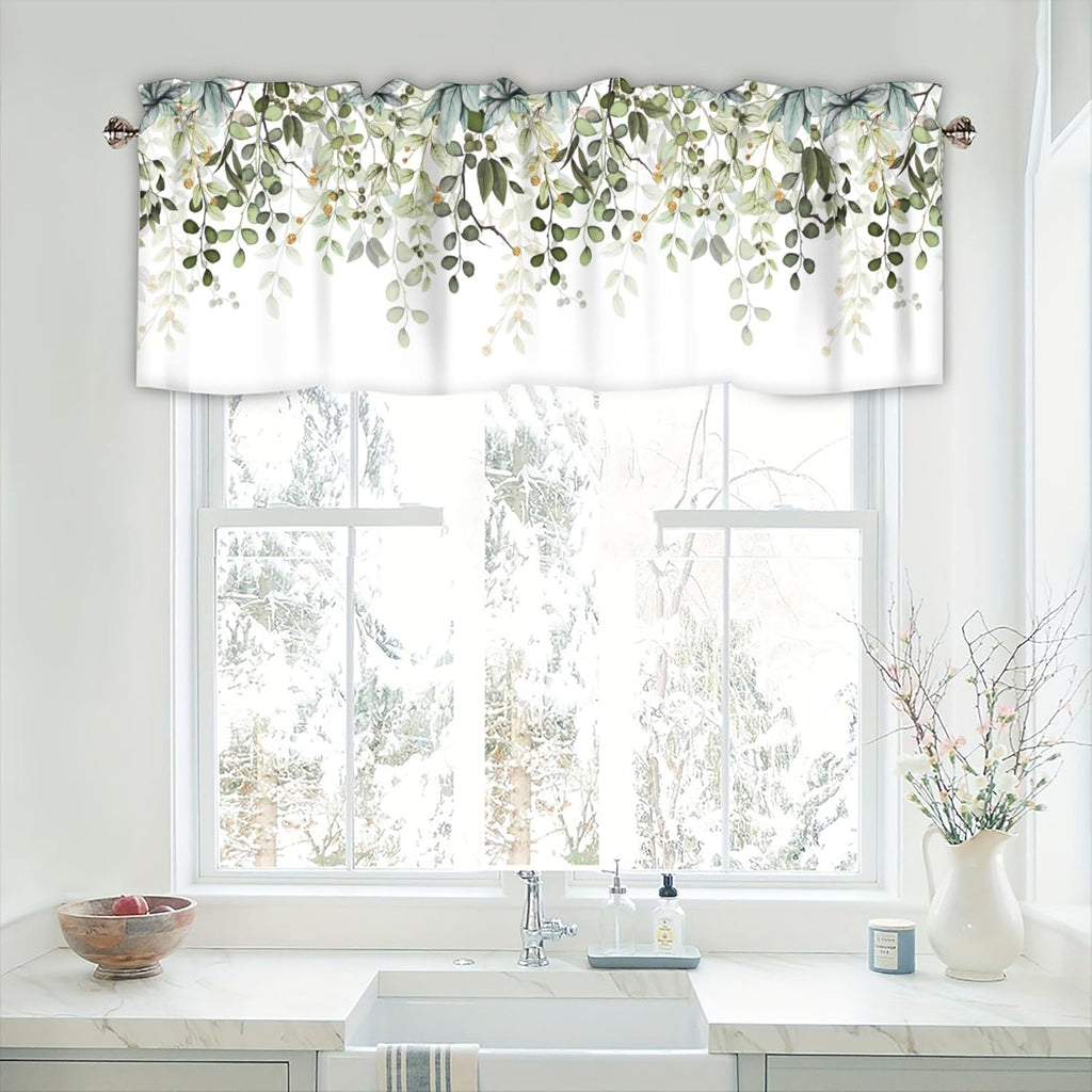 Sage Green Eucalyptus Leaves Curtain Valance for Windows Watercolor Window Treatments 1 Panel Short Curtains for