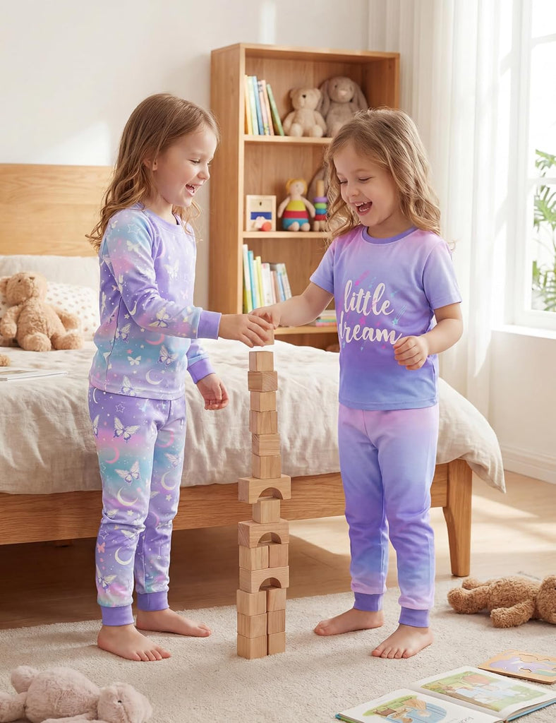 Toddler Pajamas 100% Organic Cotton Girls Boys Pajamas for Kids 4 Piece Snug Fit Long & Short Sleeves Pjs Set