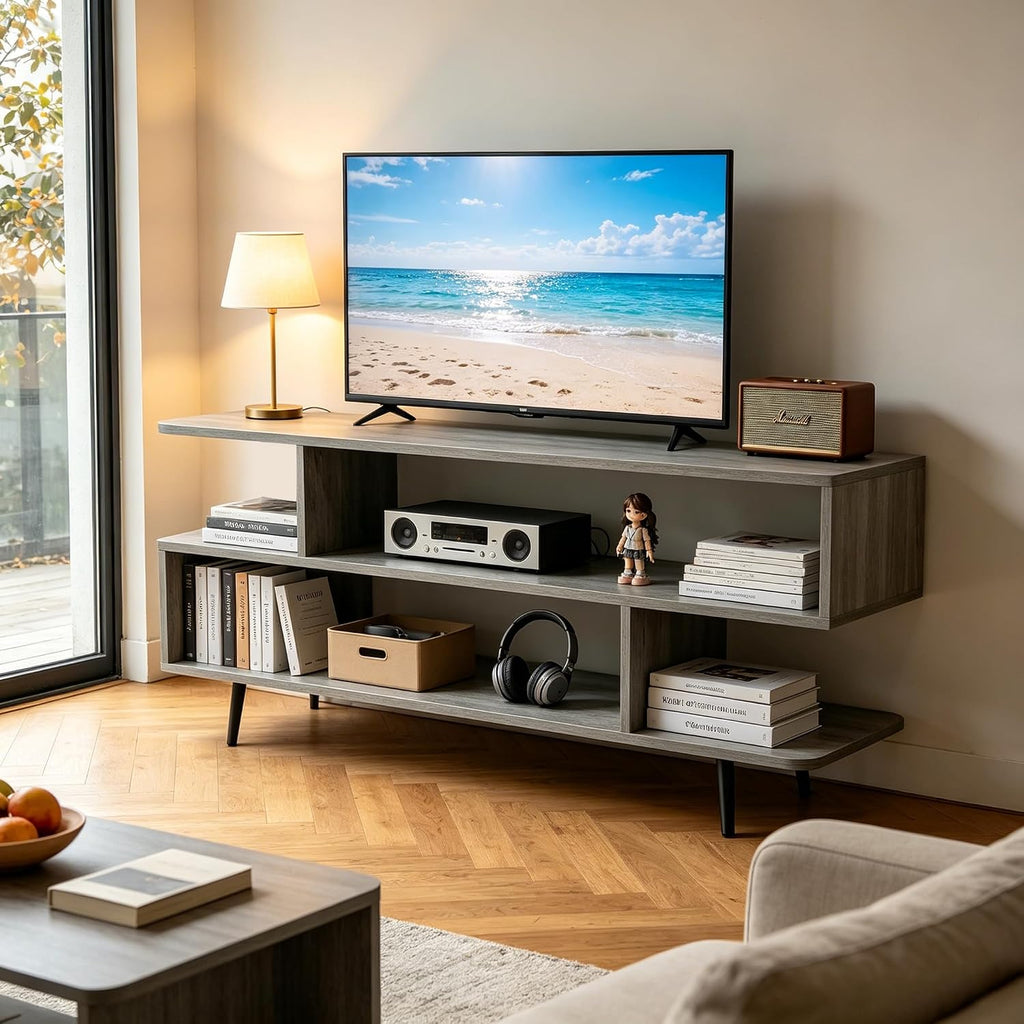 45 inch TV Stand, Mid Century Modern TV Stand, Entertainment Center with 3-Tier Open Storage Shelves, Media Cabinet