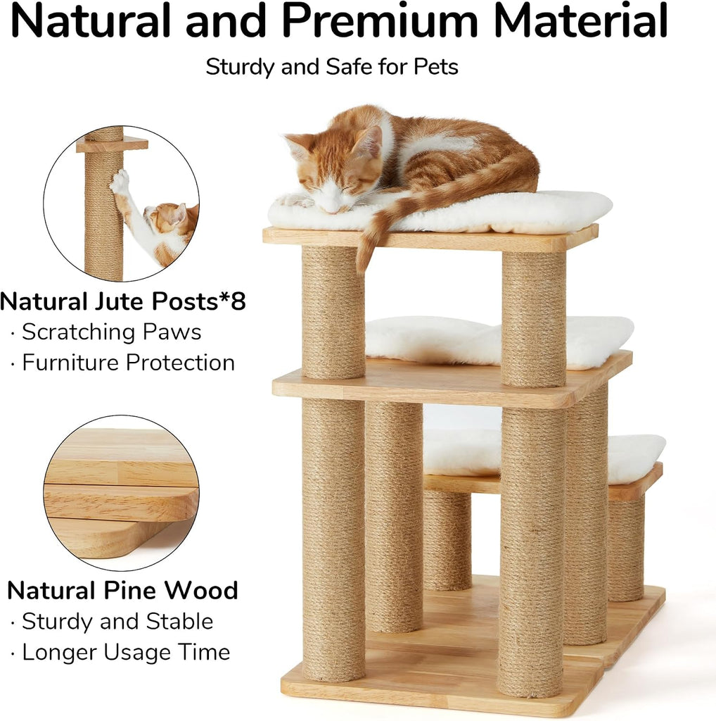 Dog Stairs, Solid Wood Pet Stairs with Cat Scratching Post