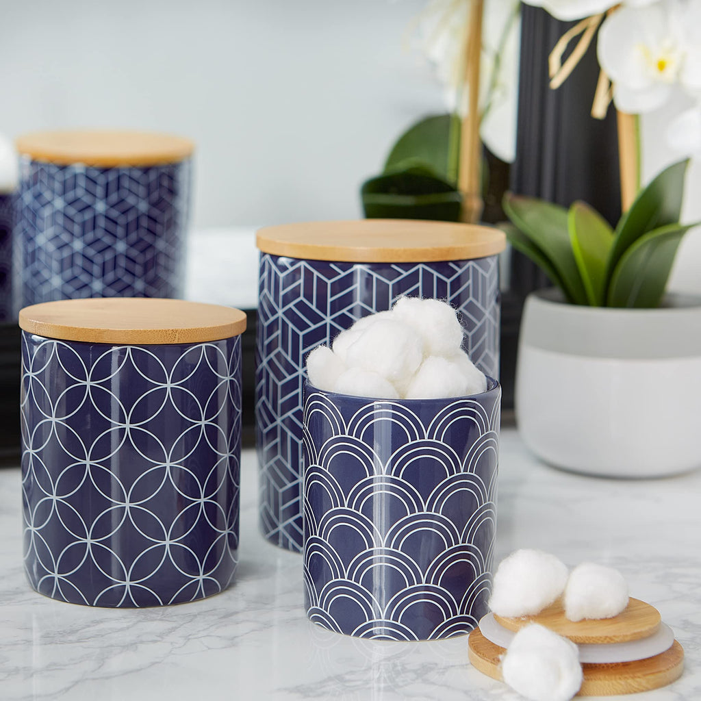 Kitchen Ceramics Collection, Canister Set, Mixed Print, Nautical Blue, 3 Piece