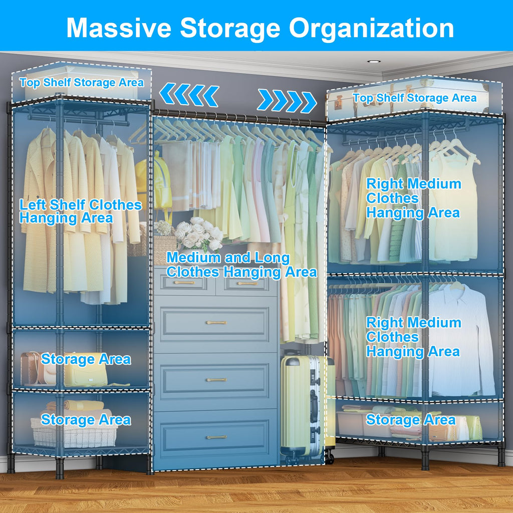 E10L L-Shaped Clothes Rack for Corner(With Expandable Hanger Rod)Heavy Duty Freestanding Clothing Racks for Hanging