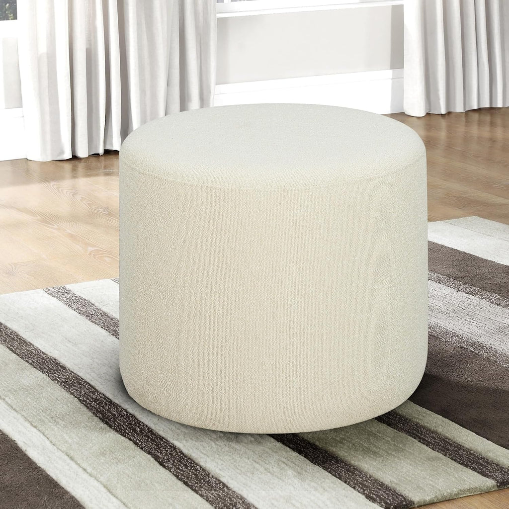 Wentworth 19" Round Ottoman, Urban Transitional, Fully Assembled, Soft Boucle Fabric, Snow