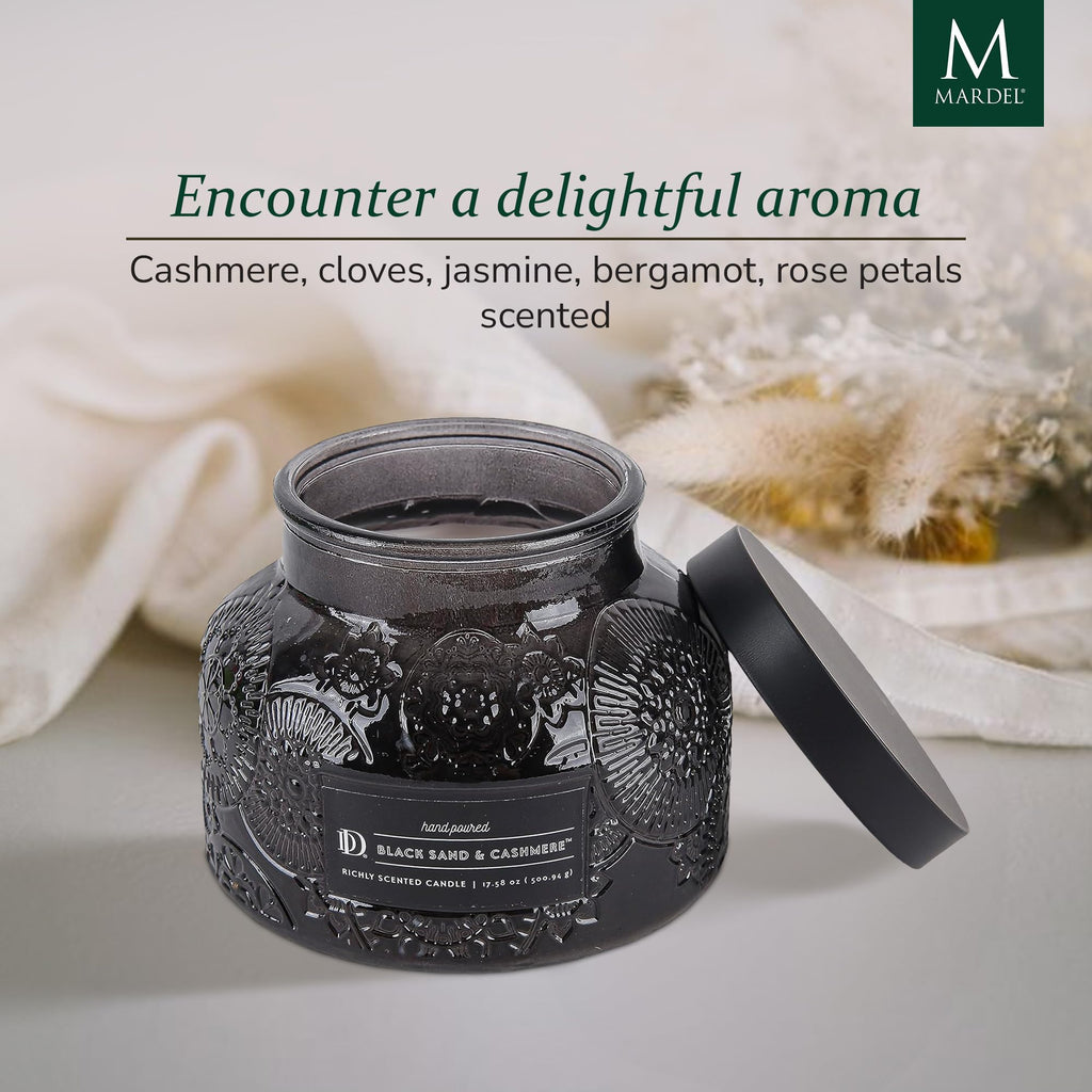 Black Sand & Cashmere Embossed Jar Candle (18 oz) Jasmine, Coconut, Rose, Bergamot, Floral - Dual Wick Embossed Glass