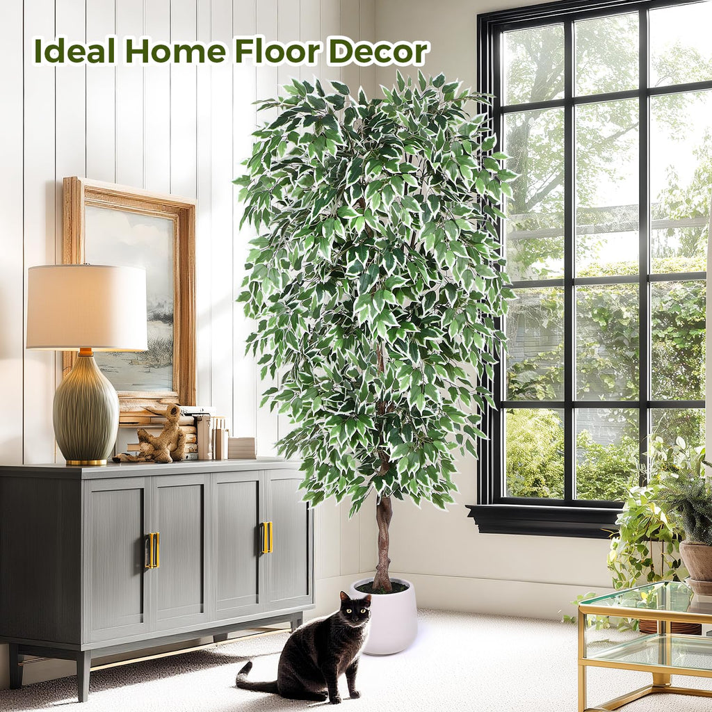 Artificial Ficus Tree-7FT Faux Tree with Natural Curved Trunks and White Pot, Lush Fake Silk Tree Artificial Plants
