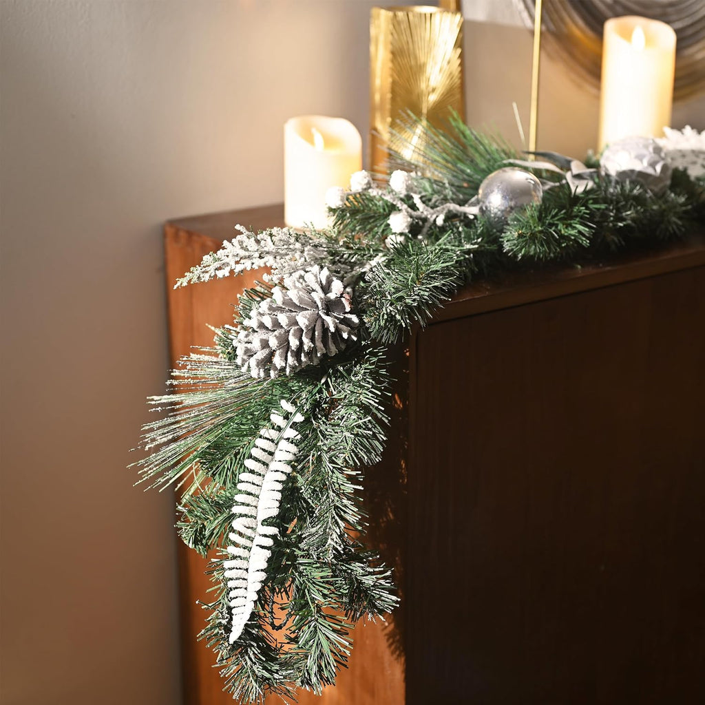 9 Feet Pre-Lit Christmas Garland with Lights for Mantle, Lighted Outdoor Xmas Garland with Silvery White Ball