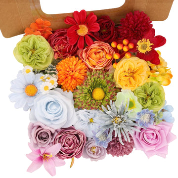 Artificial Combo Box Set, 38pcs Mix Dahlia Silk Roses, Daisy & with Stems for DIY Wedding Bouquets, Bridal Shower