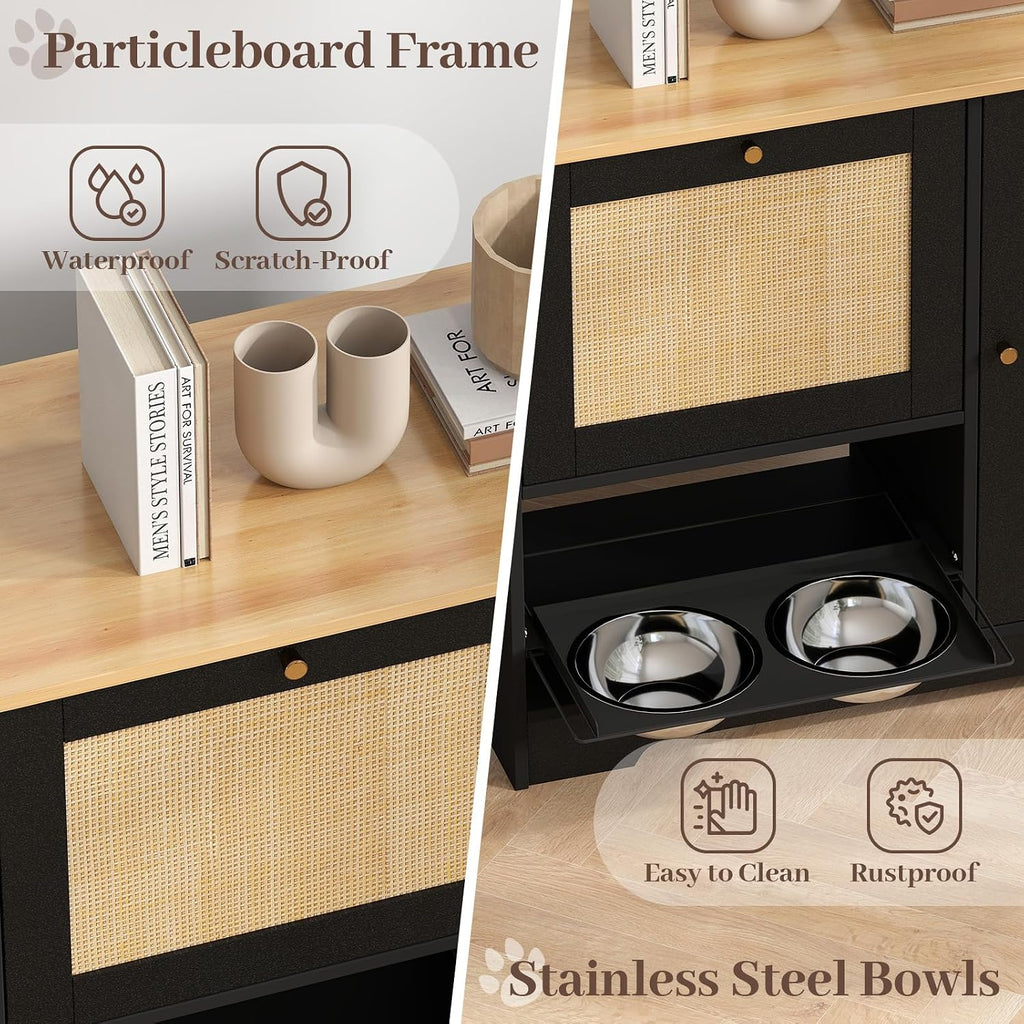 Dog Feeding Station with with 2 Elevated Dog Bowls, Dog Food Storage Cabinet with with Storage and Hooks, Hidden Pet