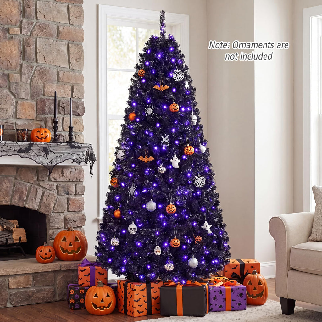 6ft Pre-Lit Black Christmas Tree, Artificial Halloween Tree