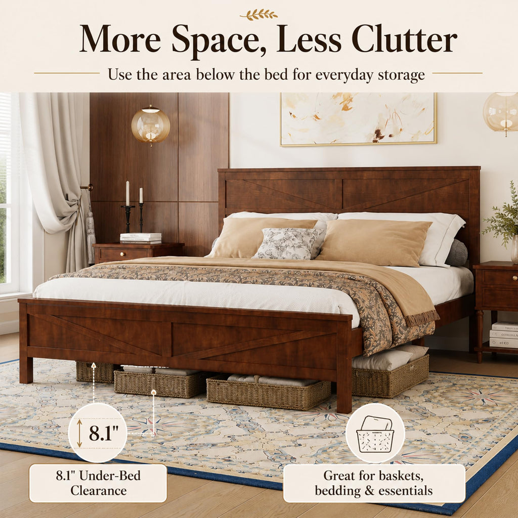 Farmhouse Bed Frame with Barn Door Headboard and Footboard, Wood Platform Bed Frame, No Box Spring