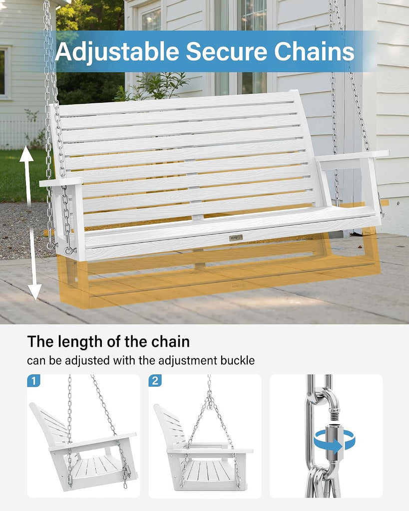 48in/4FT 2 Seater Hanging Porch Swing - White | Patio Swing Bench with Hanging Chain, All-Weather Swing Chair Look