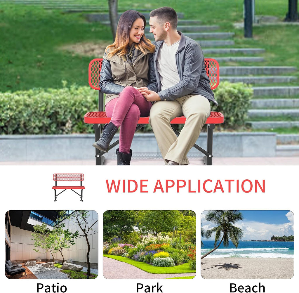 4FT Heavy Duty Metal Park Bench for Outside, Thermoplastic-Coated Weatherproof Outdoor Bench with Backrest & Portable