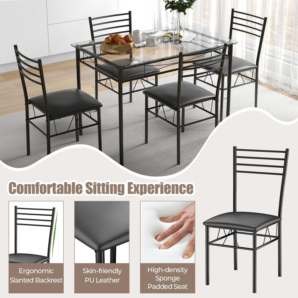 5 Piece Dining Table Set, Kitchen Dining Set with Tempered Glass Table Top and 4 Upholstered Chairs, Dinette Set for