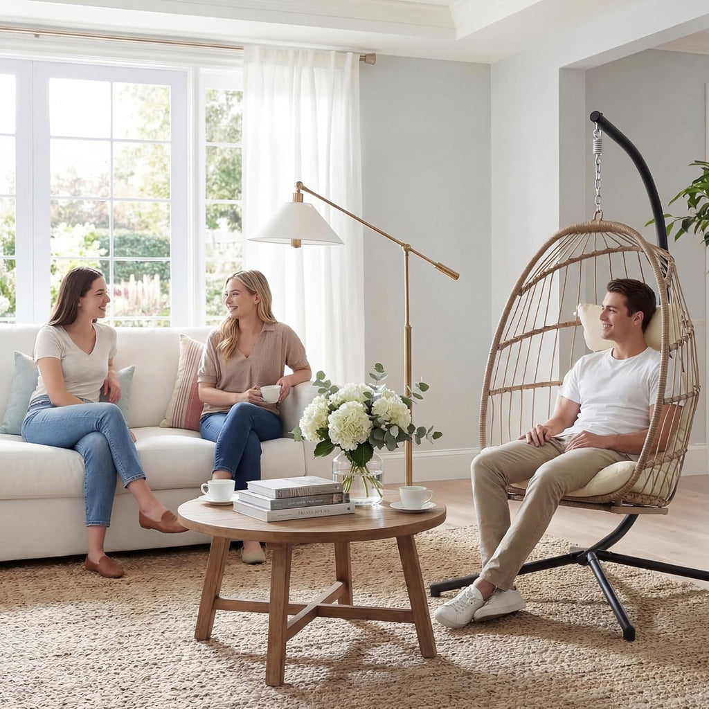 Hanging Egg Chair with Stand and Footrest for Indoor Outdoor, Beige | Hammock Egg Chairs with Footrest and UV