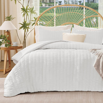 White Duvet Cover, 3-Piece Seersucker Duvet Cover Set, Ultra Soft Microfiber Bedding for All Seasons