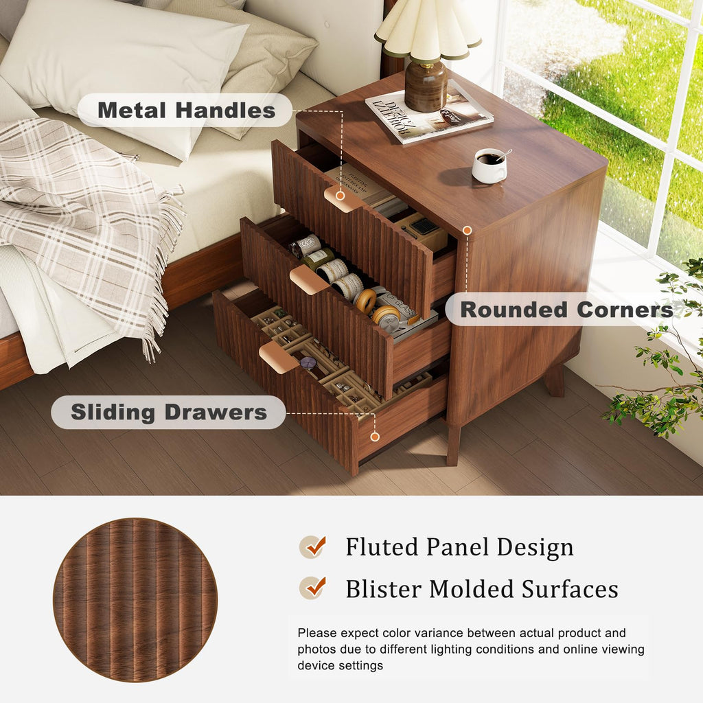 Fluted Nightstand Set of 2, Wood Bedside Table with 3 Drawers, Modern Farmhouse Storage End Table, Walnut