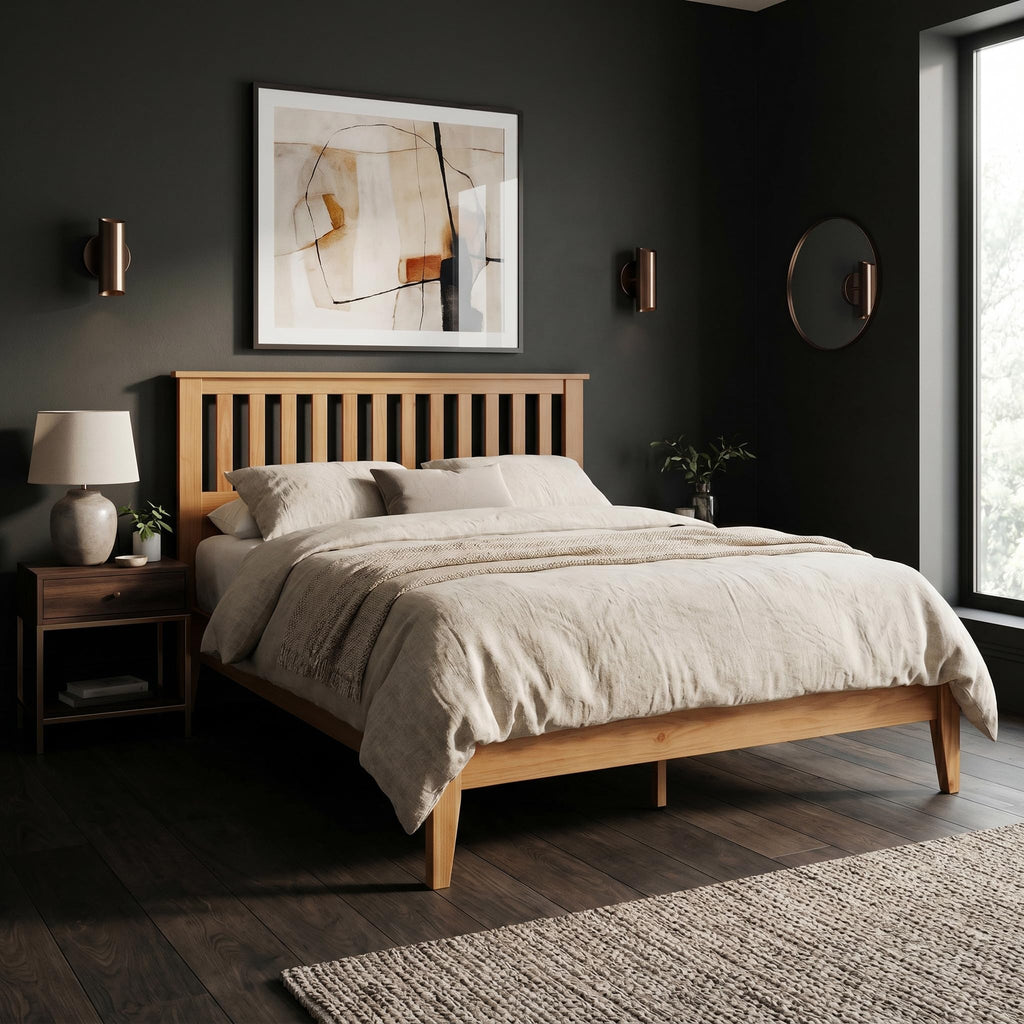 Wood Platform Bed - Pine, Queen, Bed & Mission-Style Headboard