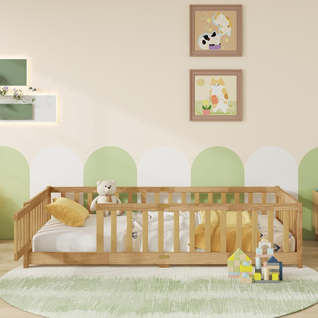 Floor Bed for Kids, Montessori Bed Frame with Door, Low Beds with Rail for Boys and Girls, No Box Spring
