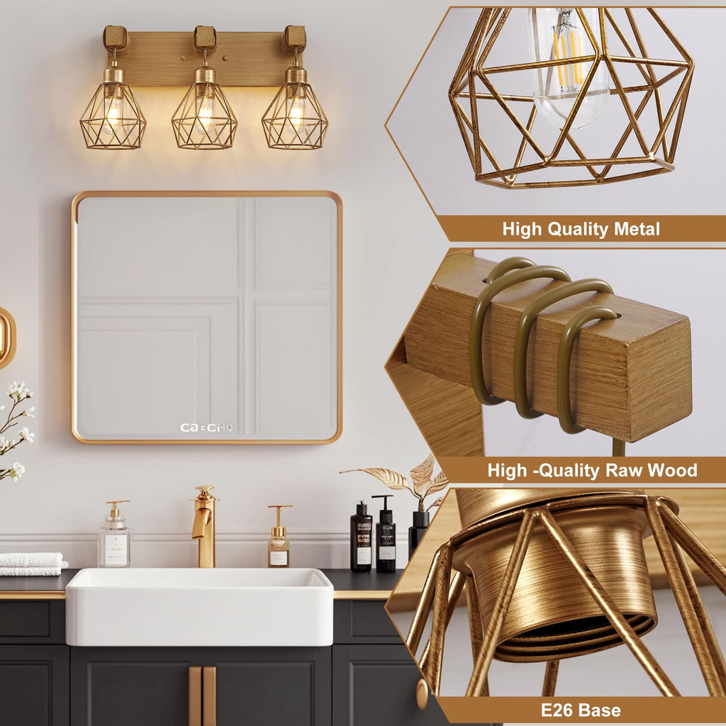 3 Light Bathroom Vanity Light, Farmhouse Gold Fixture Over Mirror