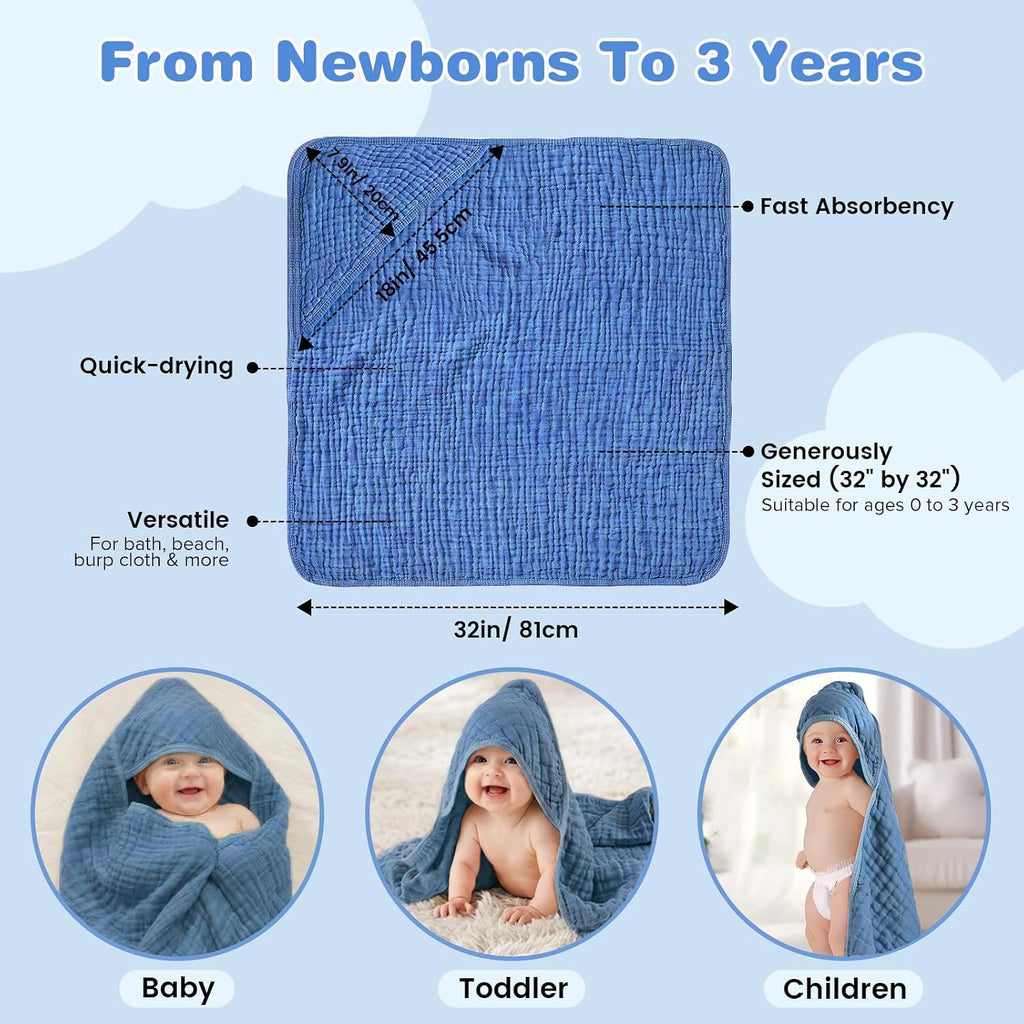 Muslin Hooded Baby Towels 2 Pack, 100% Cotton Baby Bath Towels for Newborn