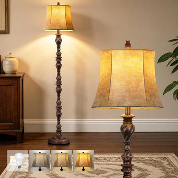 Vintage 64" Tall Floor Lamp Bedroom, Retro Resin Carved Standing Lamp with Faux Leather Shade, Rotary Switch Rustic