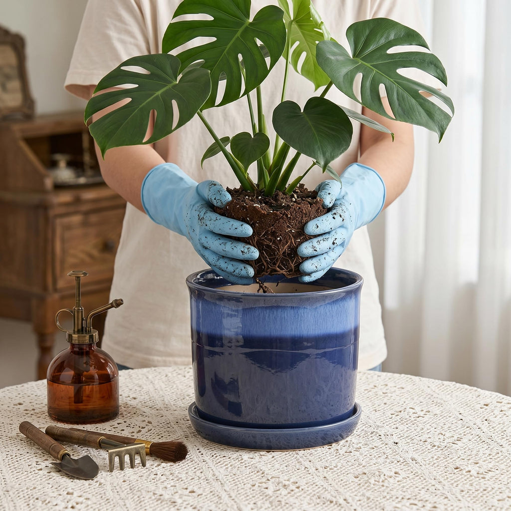 8 Inch Ceramic Plant Pot with Bonded Saucer & Drainage Hole, Large Modern Blue Flower Planter for Indoor Outdoor