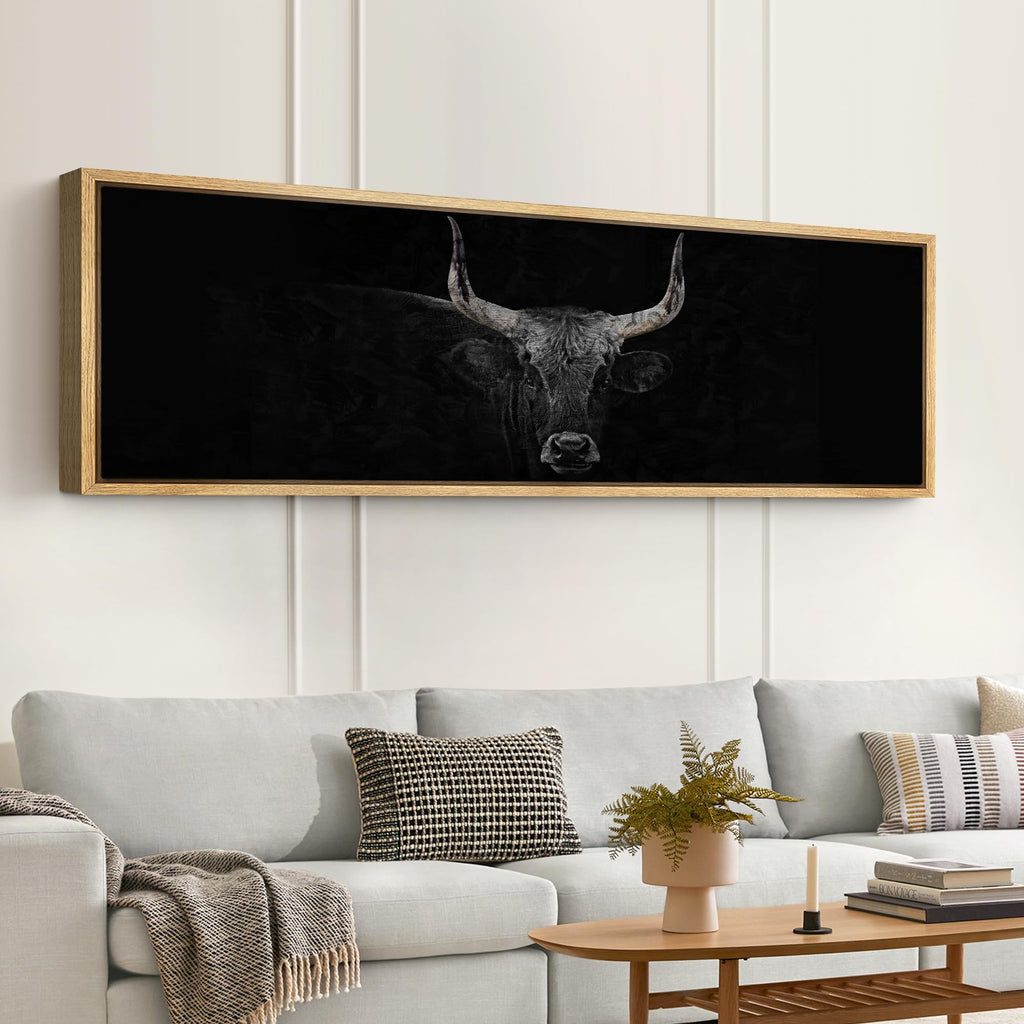 Large Framed Canvas Print Wall Art Monochrome Bull Illustrations Modern Art Relax/Calm Warm - 60"x20"