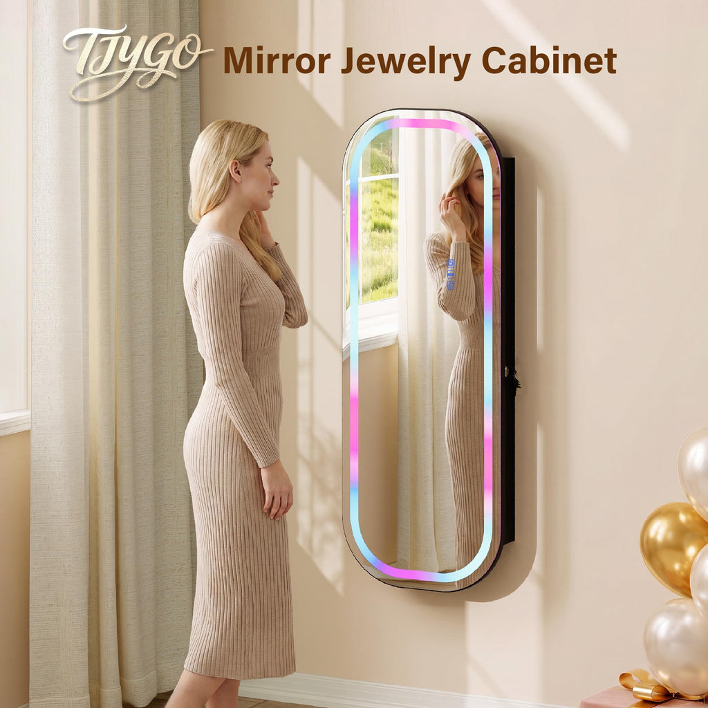 LED Mirror Jewelry Cabinet, Jewelry Organizer, Wall or Door Mounted, Black