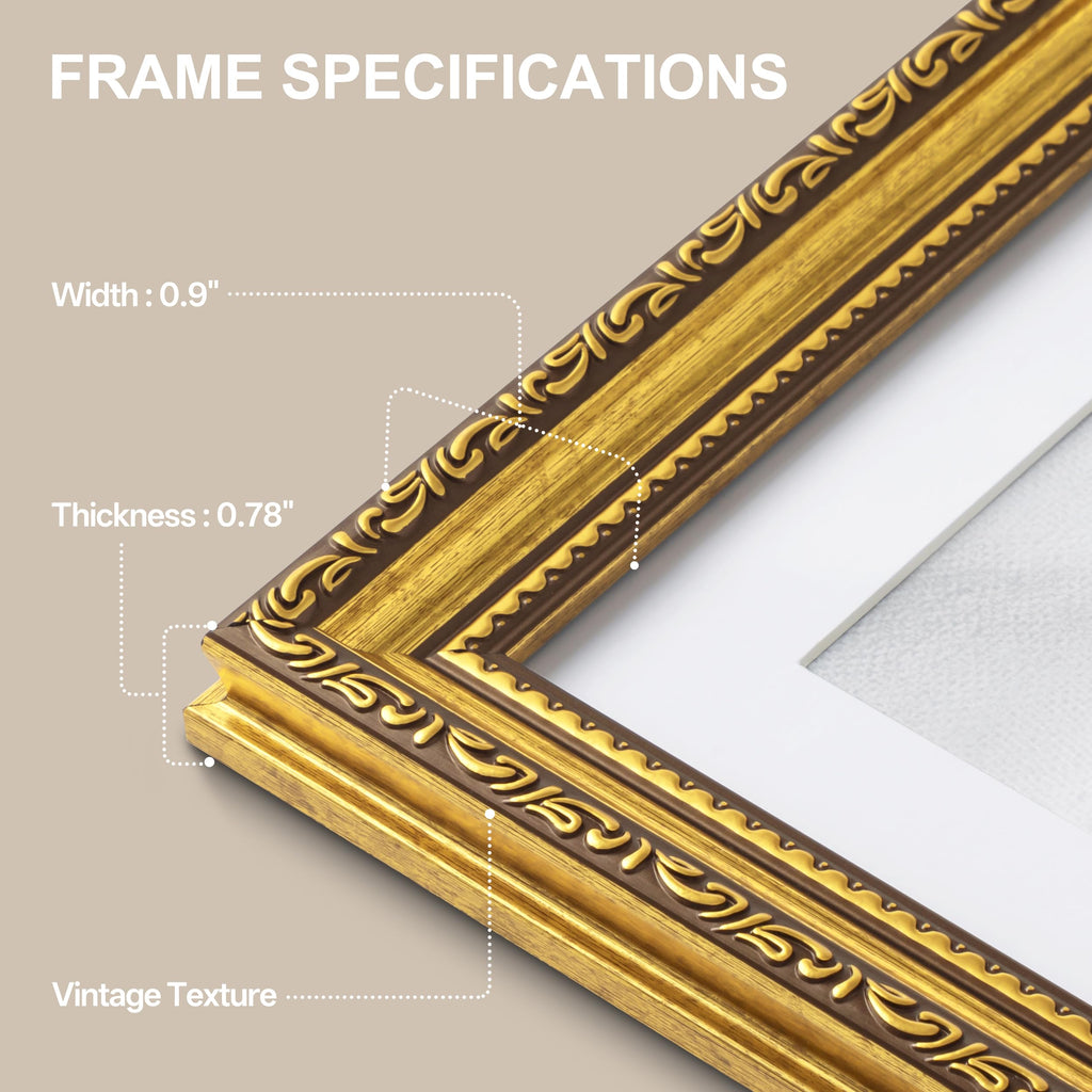 8x10 Vintage Picture Frame, Glass Cover, Gold, 4-Pack