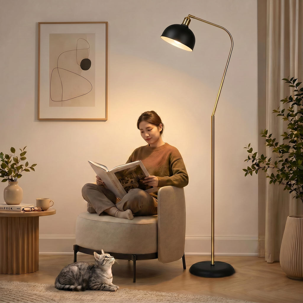 61" Halo Brass Black Floor Lamp, Adjustable Head Reading Lamp