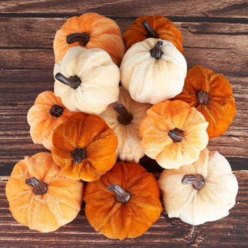 Pumpkin Decor Artificial Velvet Fall Thanksgiving Decoration - Set of 12
