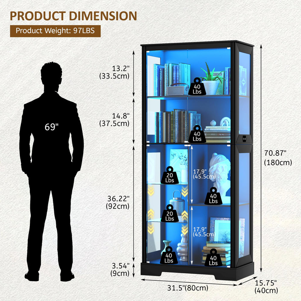 71" Display Cabinet with Glass Doors and Auto Sensor Lights - Black