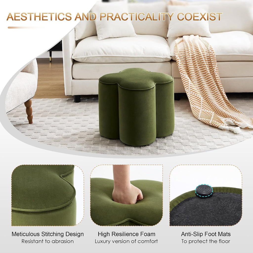 Flower Pouf Ottoman Foot Rest, Velvet Fabric Poofy Ottoman Stool | Large Ottoman Footstool for Couch, Modern Living