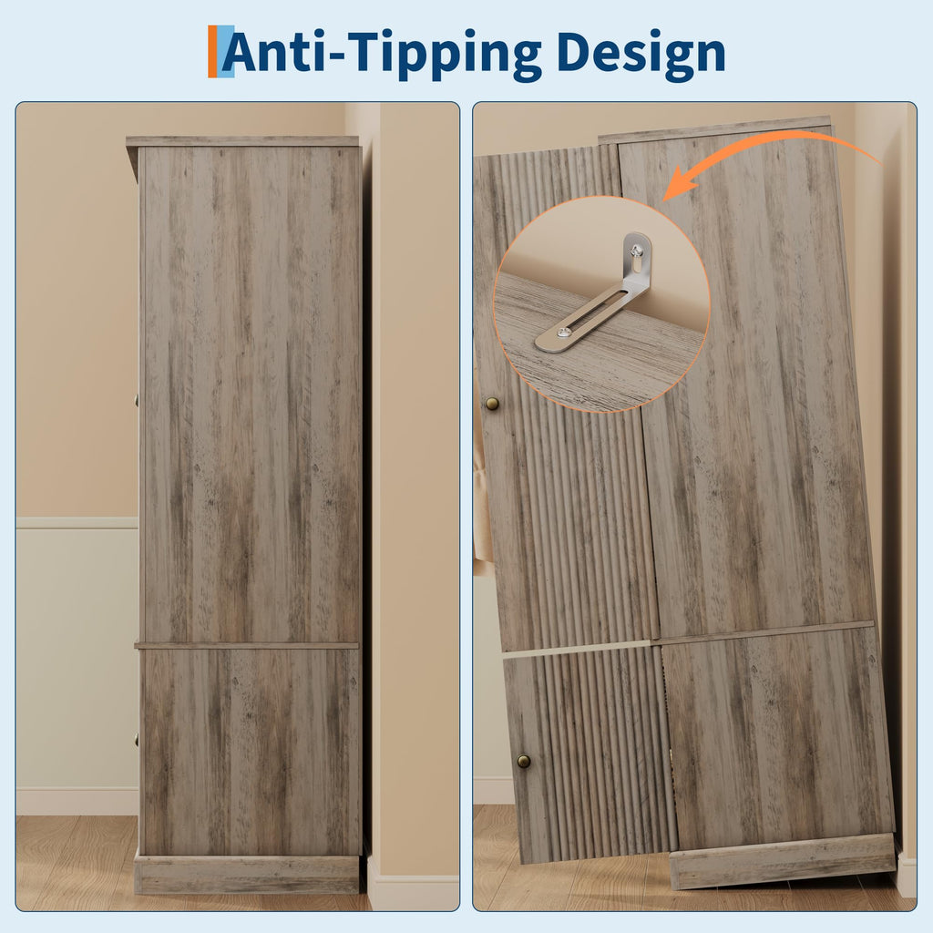 72" Wood Armoire Wardrobe Closet, Fluted, 4 Doors, Retro Gray