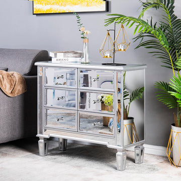 Mirrored Dresser 6 Mirror Drawers, Mirrored Cabinet, Glass Mirror Dresser, Modern Chest of Drawers, Silver, 32"L x