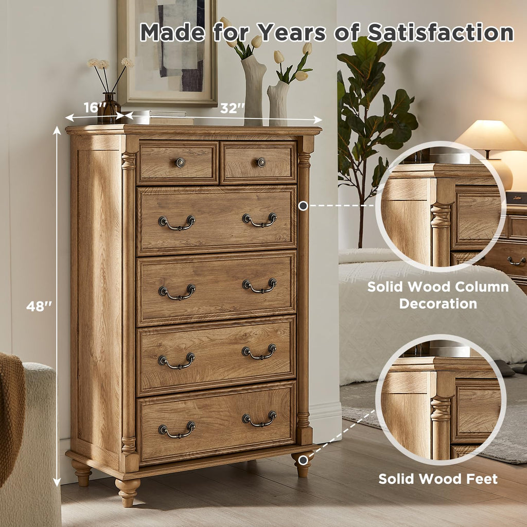 Farmhouse 6-Drawer Dresser with Solid Wood Feet, Light Tree Knot