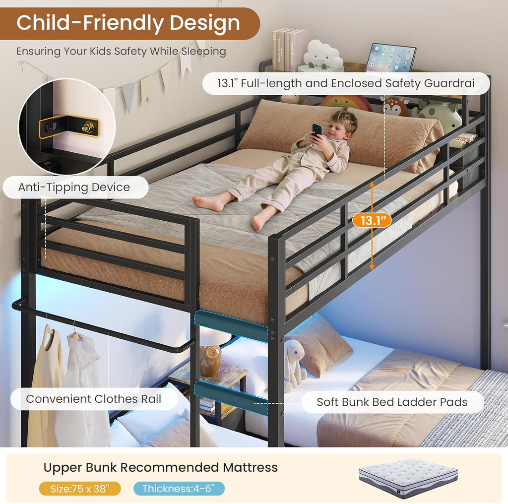 Triple Bunk Bed for Kids with Storage Drawers and Charging Station Twin Over Twin Metal Bunk Bed with Storage Shelves