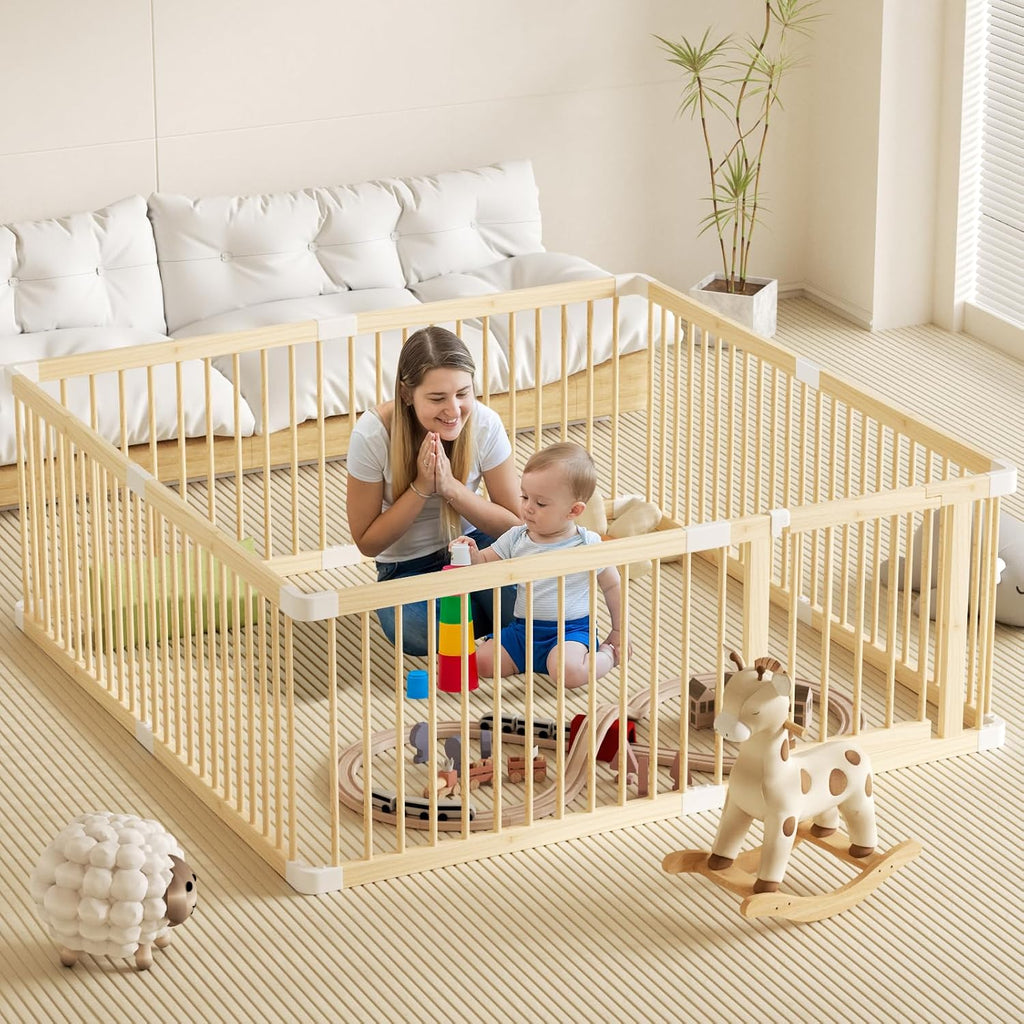 Wooden Baby Playpen, 71.5x60x24In Gate for Toddler and Babies | Natural Pine Wood Playard Double-Locking for