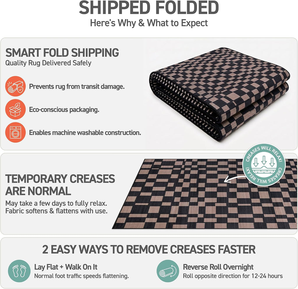 Checkered Machine Washable Non-Slip Area Rug, Dark Gray/Taupe