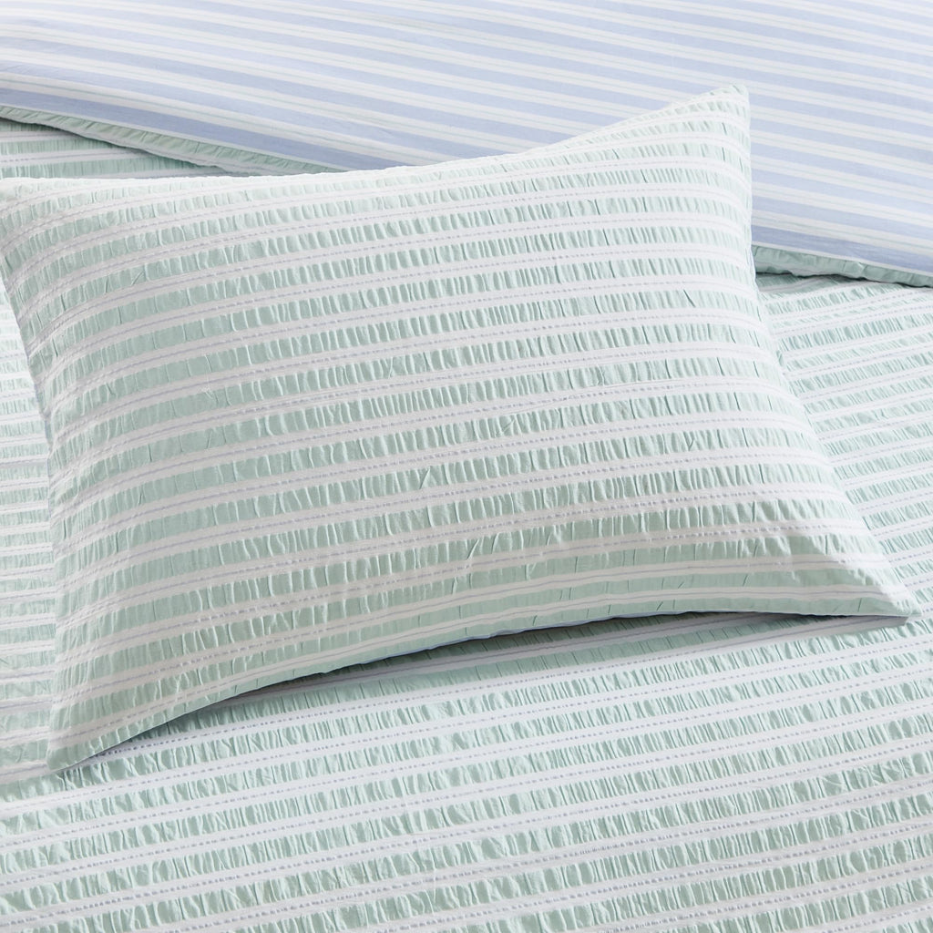 Duvet Cover Set - 100% Cotton - Seersucker Stripe Reversible Design - Includes Shams - 3-Piece - Green/Blue