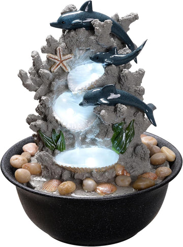 Indoor Tabletop Dolphin Water Fountain with LED Light - Ocean Theme Desk Decor and River Rocks, Relaxing Sound