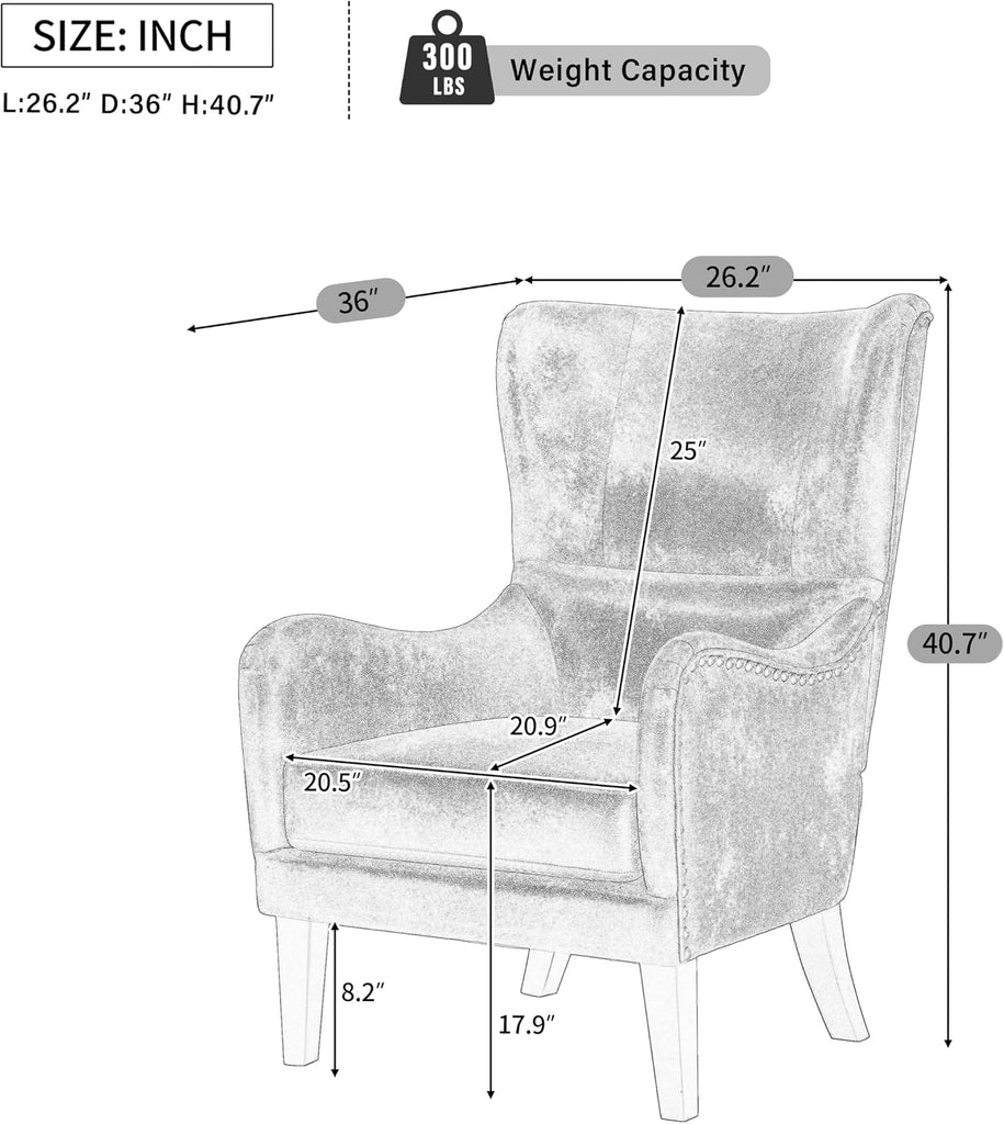 Modern Wingback Accent Chair, Linen Upholstered Armchair with Solid Ash Wood Legs and Nailhead Trim, High Back Living