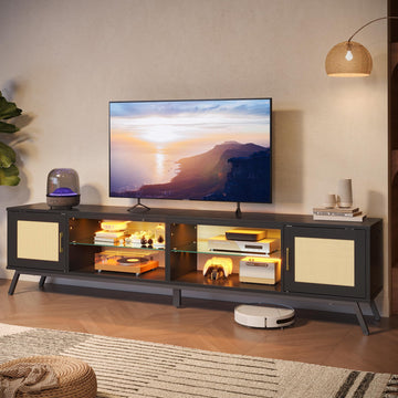 80 Inch Black Rattan TV Stand with Storage for 85 Inch TV, 4-in-1 Mid Century Modern Entertainment Center with LED
