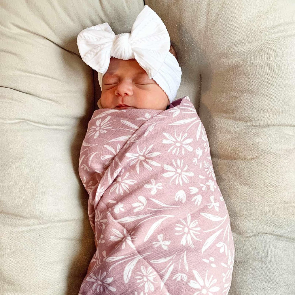 Baby Swaddle Blanket and Bow Set, Mauve Floral Muslin Swaddle Set with Matching Headband Bow, Infant