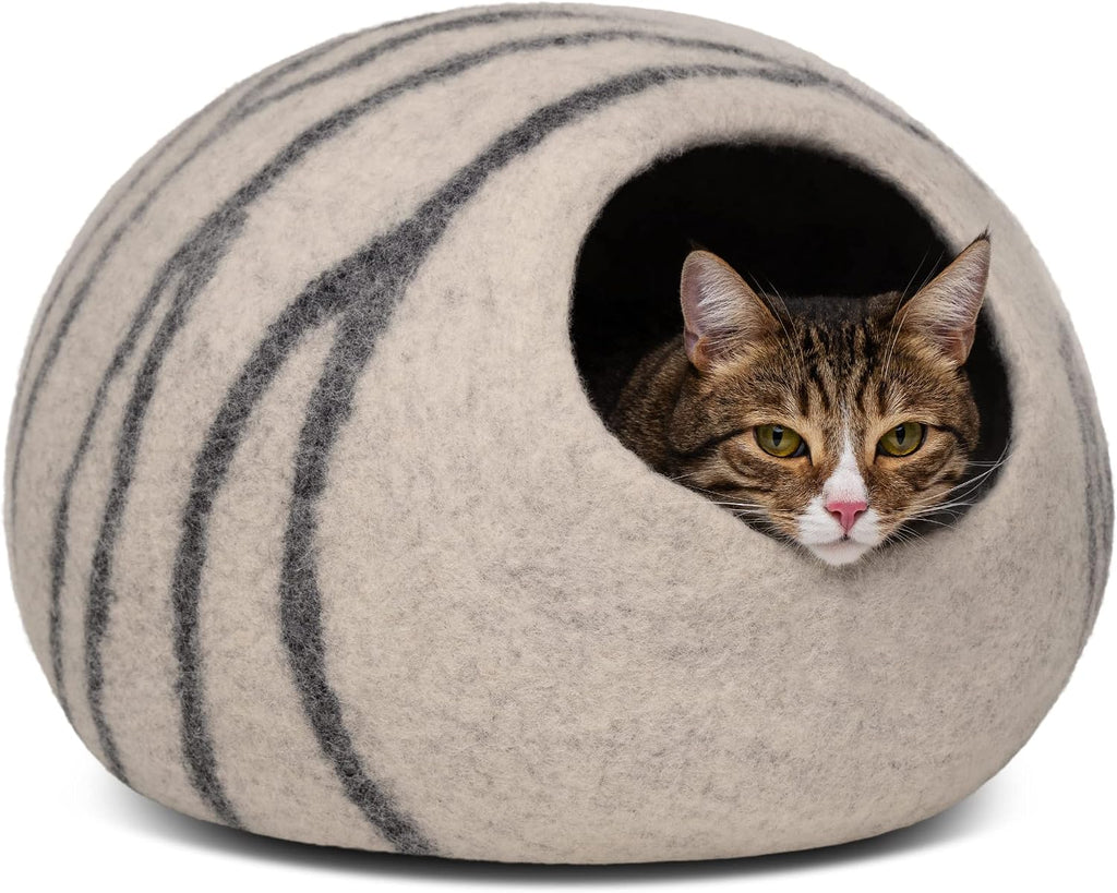 Premium Felt Cat Bed Cave (Light Grey/Medium) and Wool Ball Toys (6-Pack) Bundle