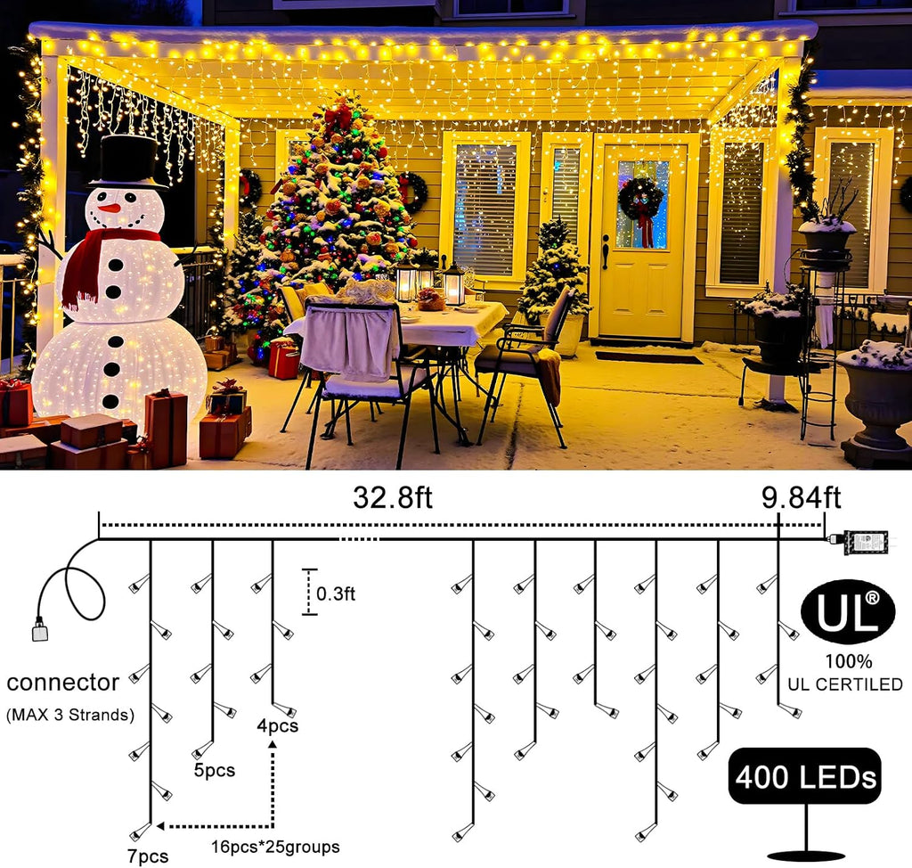 Icicle Lights for Outside 33FT 400 LED Warm White Christmas Lights