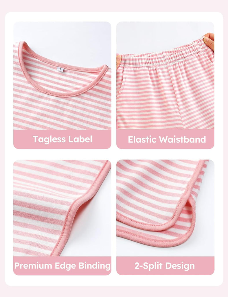 Girls Pajamas Organic Cotton Loose Fit Kids Pjs 2 Piece Sleepwear Short Sleeves & Long Pants Girls Clothes