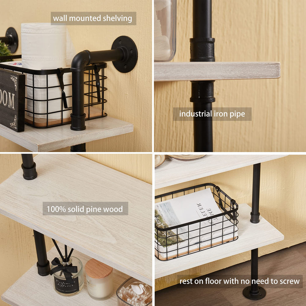 Industrial Pipe Bookshelf, Wall Mounted Shelf, 30 Inch, White